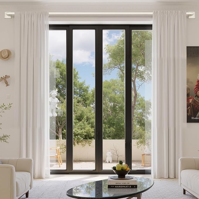 Beige White Curtain Rods for Windows 66-184 Inch(5.5-15.3ft) Heavy Duty Wrap Around Blackout Curtain Rods, Extra Long Adjustable Room Darkening Drapery Rod for Bedroom, Living Room & Outdoor Patio