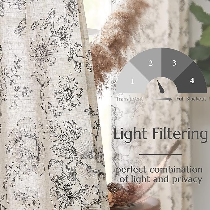 jinchan Linen Floral Curtains 63 Inch Length for Living Room Bedroom Light Filtering Farmhouse Peony Flower Drapes Rustic Window Curtain Set Rod Pocket Back Tab 2 Panels Black