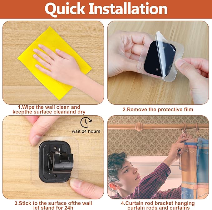 Curtain Rods No Drilling for Windows Set 66 to 120-128 Inch,5/8 Inch Diameter Drapey Pole with No Drill Curtain Rod Brackets,Renter Friendly Cortineros Para Ventanas with Adhesive Holder Hook Black
