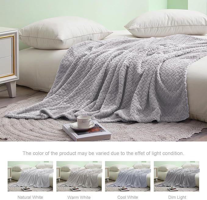 Exclusivo Mezcla Fleece Twin Size Blanket for Bed, 60x80 Inches Soft Cozy Jacquard Flannel Blankets, Lightweight Fuzzy Plush Warm for Women, Light Grey