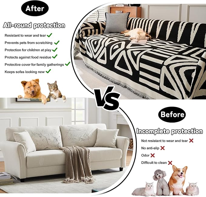 HANDONTIME Boho Sofa Covers for Dogs Black Couch Sofa Covers for 3 Cushion Couch Sofa Beige Chenille Sofa Slipcover Washable Sectional l Shaped Covers Pets Protector Furniture Covers, 71" X134"