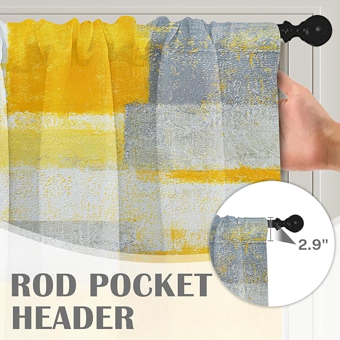 Emvency 4 Pack Valances Window Treatments, Yellow and Grey Abstract Modern Art Blackout Adjustable for Living Room Bathroom Bedroom Kitchen Over Sink, 52x18 Inch Rod Pocket Valances