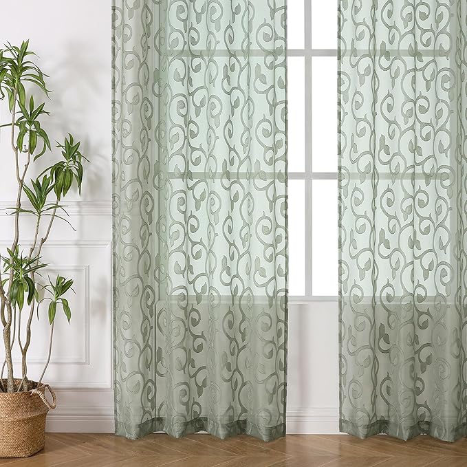 OWENIE Furman Extra Long Sheer Sage Green Curtains 96 inches Long for Bedroom Living Room 2 Panels Set, Light Filtering Soft Semi Sheer Jacquard Clip Farmhouse Curtains Rod Pocket Design, 52Wx96L inch