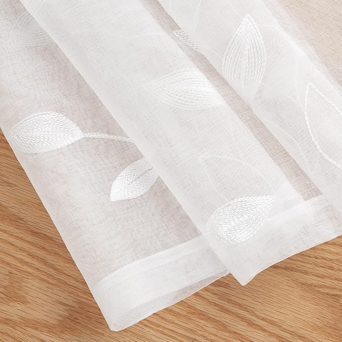 HOMEIDEAS White Sheer Kitchen Curtains 30 X 24 Inch Length 2 Panels Embroidered Leaf Pattern Short Curtains for Small Window Valance Tiers