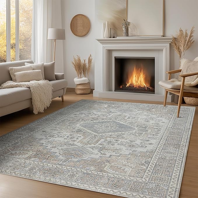 Machine Washable Area Rugs 9x12 Living Room Retro Rugs- Ultra Soft Low Pile Large Rugs for Bedroom,Dining Room,Non Slip Vintage Accent Carpet for Farmhouse Home Office- Family & Pet Friendly