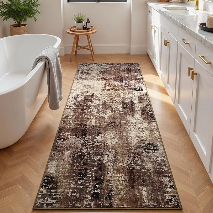 2x6 Brown Rug Runners for Hallways Kitchen Runner Rug Non Slip Washable Coffee Long Runner Rugs with Rubber Backing Soft Abstract Carpet Runner for Bedroom, Kitchen, Bathroom, Entryway