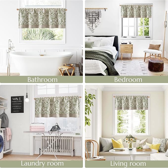 jinchan Linen Valance Curtain for Kitchen Vintage Damask Floral Blackout Valance Double Layer Small Window Curtain for Living Room Bedroom Bathroom 18 Inch Rod Pocket 1 Panel Sage Green on Beige