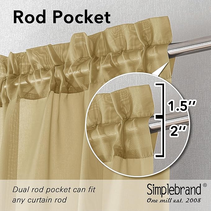 Simplebrand Gold Sheer Curtains 63 Inch Length 2 Panels, Rod Pocket Solid Color Window Sheer Curtain Panels, Elegant Curtains & Drapes for Living Room, Bedroom 2 Panels (Gold, 42" W x 63" L)