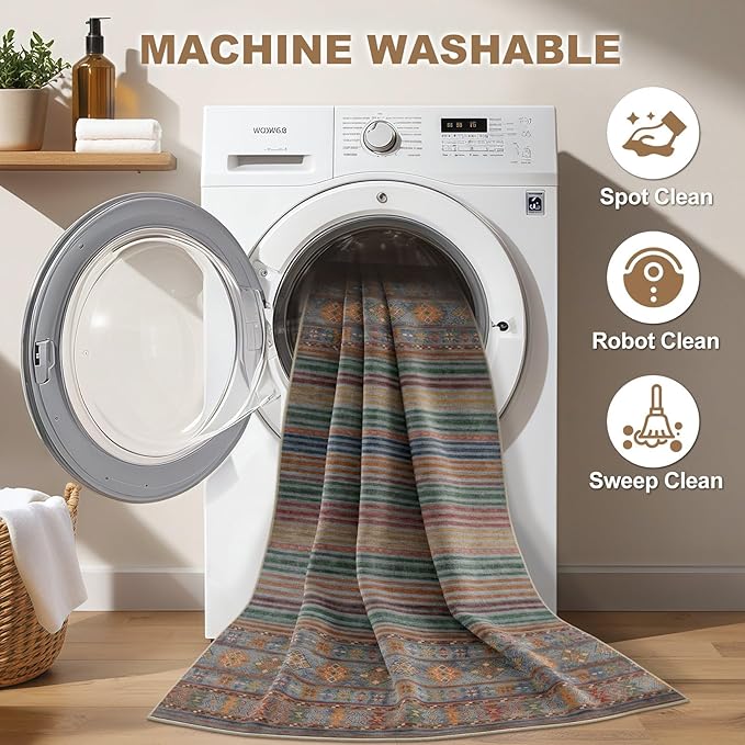 Nakagishi 7X9 Area Rugs Living Room: Washable Large Vintage Rug Neutral Non-Slip Soft Stain Resistant Indoor Carpet for Bedroom Nursery Dining Room Office Playroom - Multi Color