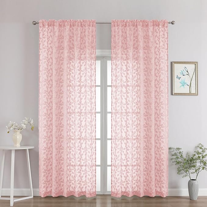 Chyhomenyc Blush Pink Sheer Curtains 96 Inch Length 2 Panels Set, Light Filtering Tufted Textured Soft Airy Rod Pocket Gentle Leaf Window Treatment Drapes for Bedroom Living Room, 52" Wx96 L, 2PCS