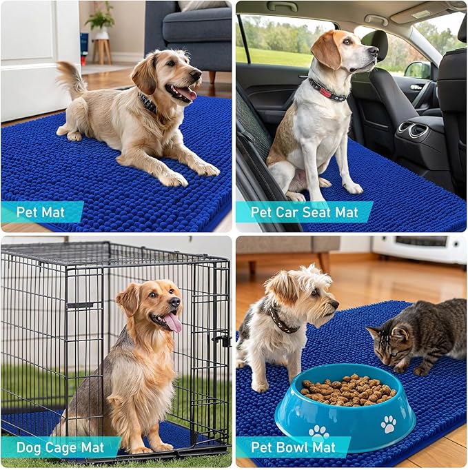 OLANLY Dog Door Mat for Muddy Paws 32x20, Absorbs Moisture and Dirt, Absorbent Non-Slip Washable Doormat, Quick Dry Chenille Mud Mat for Dogs, Entry Indoor Entryway Carpet for Inside Floor, Royal Blue