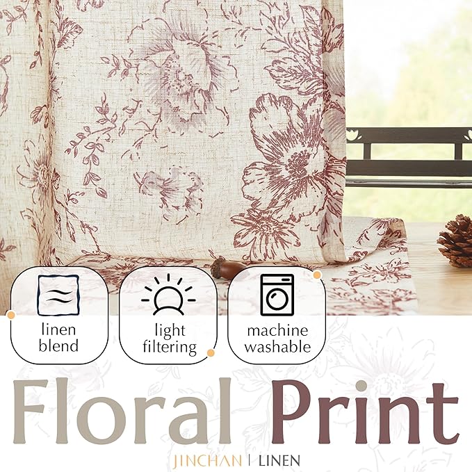jinchan Linen Blend Curtain Floral Curtains for Living Room 84 Inch Length Farmhouse Brick Red Printed Curtain Rod Pocket Back Tab Peony Flower Patterned Drapes Curtains Set 2 Panels