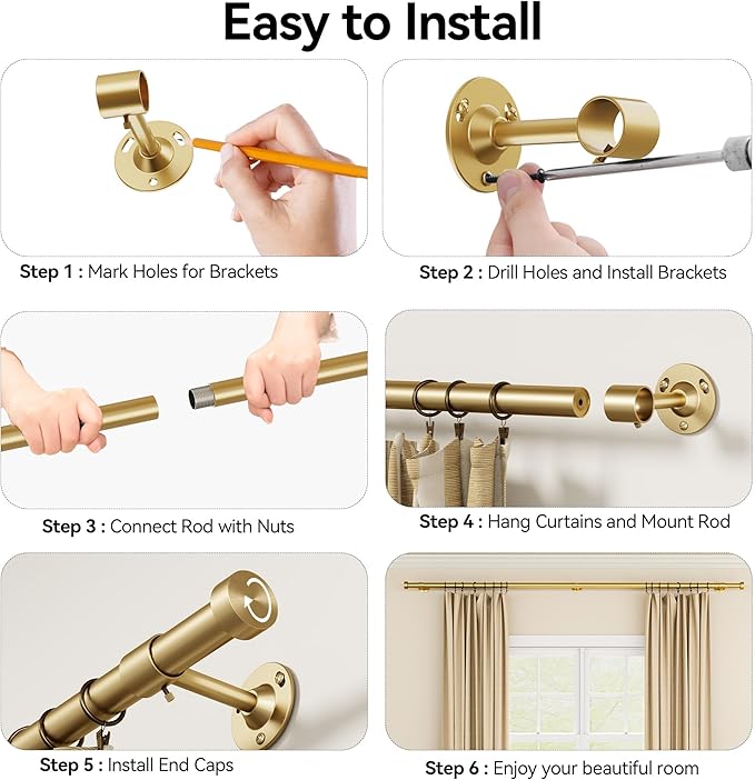 YaFex Heavy Duty Curtain Rods 32-150 Inch, 1 Inch Adjustable Gold Curtain Rod for Windows, Extra Long Window Treatment Rods with Aluminium Finials, Easy Installation