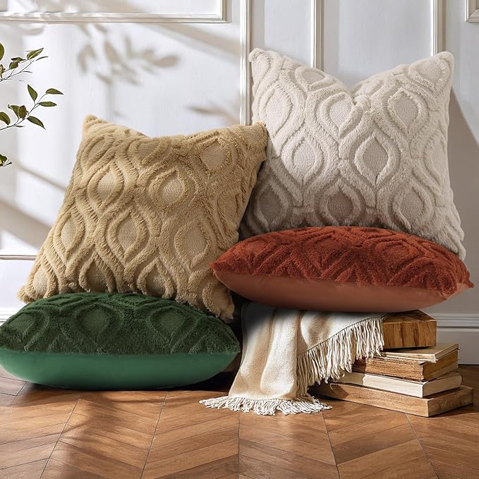 decorUhome Throw Pillow Covers 16x16 Inch Set of 2, Soft Plush Faux Wool Khaki Solid Couch Pillow Covers, Accent Farmhouse Neutral Square Pillow Cases for Sofa Bed Living Room