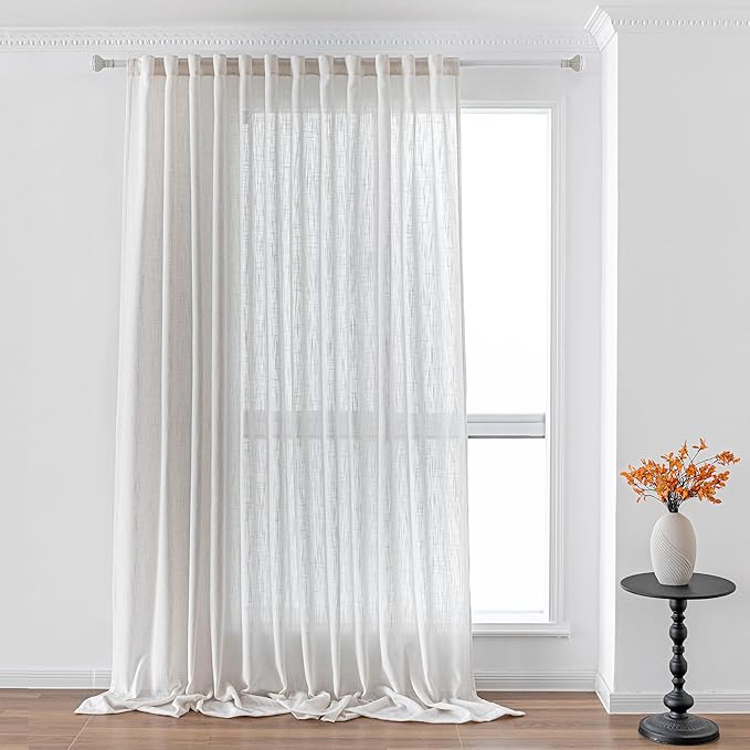 MYSKY HOME Extra Long Curtains for Living Room, Boho Window Curtain Drapes for Sliding Glass Door Light Filtering Soft Fabric Semi Sheer Backdrop Panels, Beige White, 100 x 108 Inches, 1 Pieces