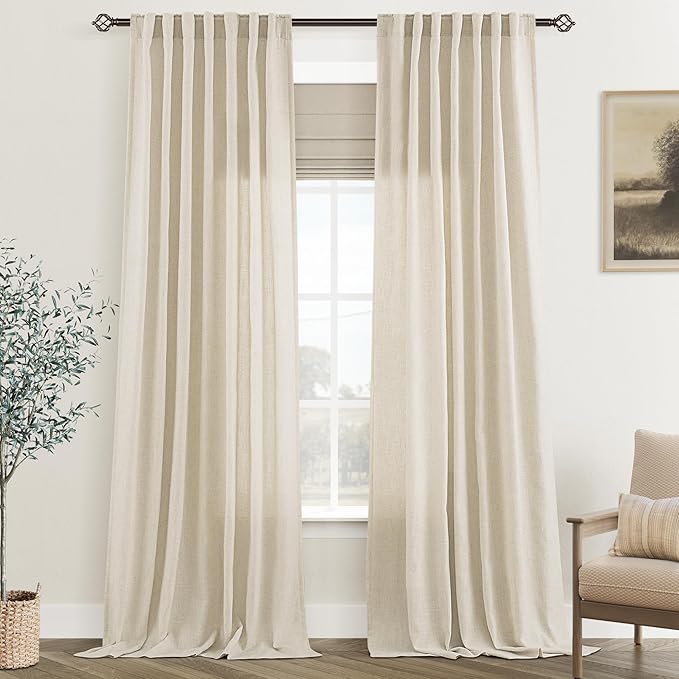 Faux Linen Beige Curtains 98 inches Long for Living Room Rustic Farmhouse Linen Drapes Semi Sheer Burlap Textured Canvas Cloth Curtain Panels Set of 2 Kahki Tan Colored