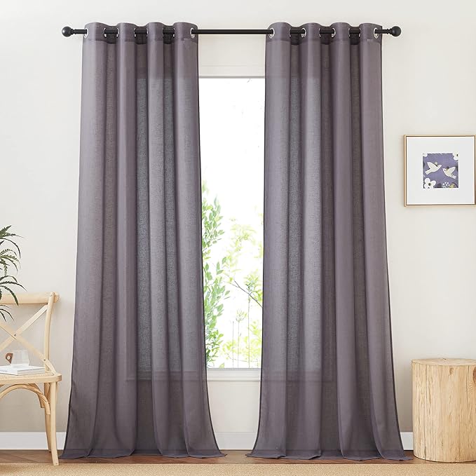 NICETOWN Faux Flax Linen Sheer Living Room Curtains, Grommet Elegant Semi Sheer Curtains Privacy Light Filtering Vertical Drapes for Kids Room/Daughter, W52 x L90, Purple Brown, 2 Panels