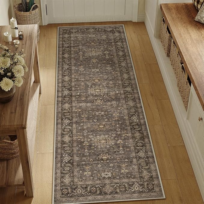 2x6 Washable Runner Rug for Hallway Kitchen Vintage Brown Non Slip Low Pile Carpet Traditional Retro Soft Throw Rug for Bathroom Bedroom Entryway Indoor Entrance
