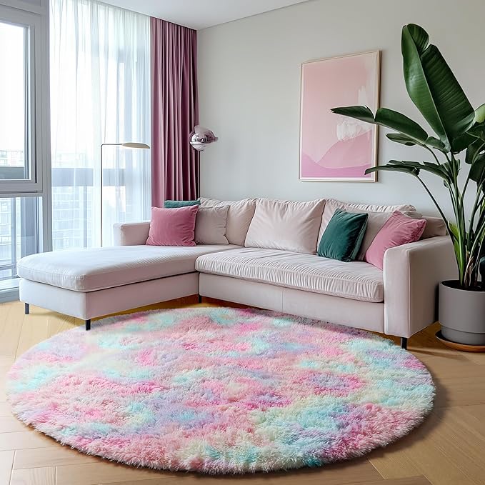 ONASAR Rainbow Round Rugs 6ft for Living Room Bedroom, Fluffy Circle Area Rug for Kids Girls Boys Teen, Soft Plush Shaggy Carpet for Nursery Dorm Classroom Playroom Home Decor Aesthetic