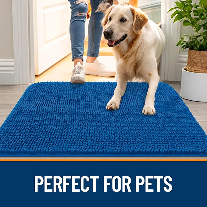 OLANLY Dog Door Mat for Muddy Paws 48x30, Absorbs Moisture and Dirt, Absorbent Non-Slip Washable Doormat, Quick Dry Chenille Mud Mat, Entry Indoor Entryway Carpet for Inside Floor, Deep Navy Blue