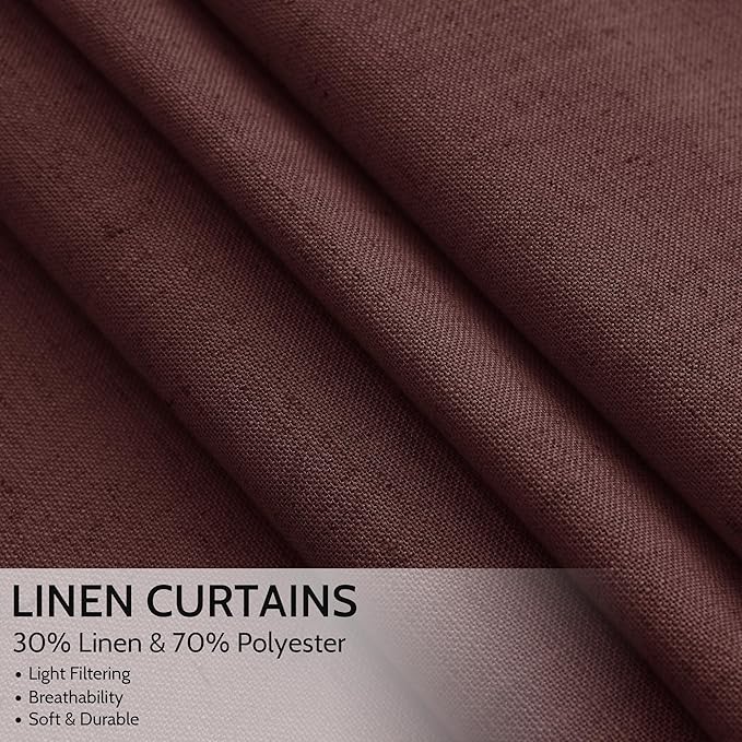 Extra Long Curtain Reddish Brown Morden Linen Blend Light Filtering Back Tab Curtains for Long Winodws 120 Inches Length, Semi Sheer Privacy Drapes for Living Room, 52x120 inch, 2 Panels