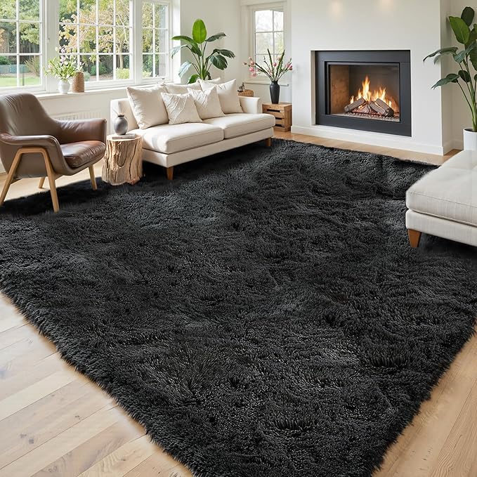 Area Rugs 9x12 Living Room, Large Area Rug Shag Shaggy Carpet Soft Plush Furry Bedside Rug, Machine Washable Area Rugs for Bedroom Kids Girls Boys Home Decor Anti Slip(9 x 12, Black)