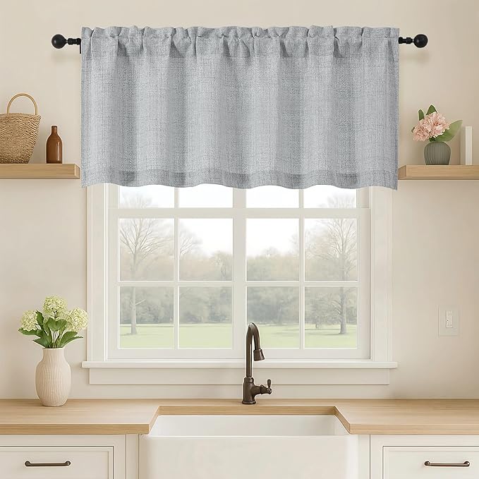 OVZME Grey Valance for Windows, Light Filtering Faux Linen Textured Small Kitchen Valances for Windows, Dual Rod Pocket Farmhouse Short Curtain for Bathroom Basement, 60Wx20L inch, 1 Piece