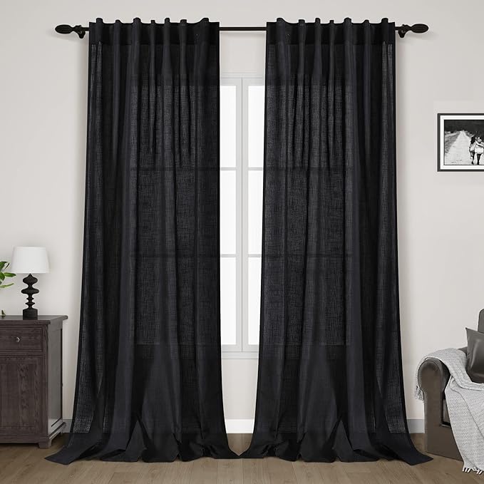 Black Linen Curtains 126 Inches Long 2 Panels Set for Living Room Extra Long Back Tab Curtain Neutral Farmhouse Light Filtering Semi Sheer Linen Drapes Ceiling to Floor for Large Window 52x126