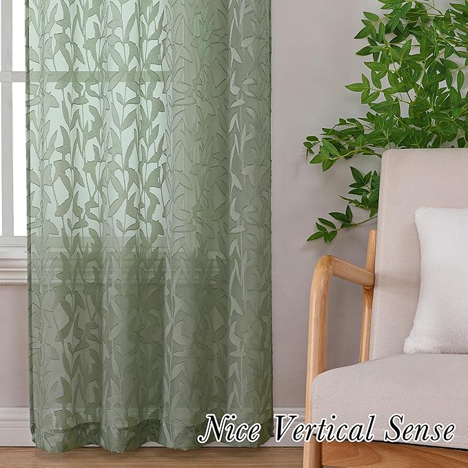 Lecloud Leia Living Room Sheer Curtains 84 Inches Long 2 Panels, Sage Green Leaves Jacquard Clip Voile Curtains with Dual Rod Pocket, Farmhouse Gauzy Curtain Drapes for Bedroom French Door, 38x84 Inch