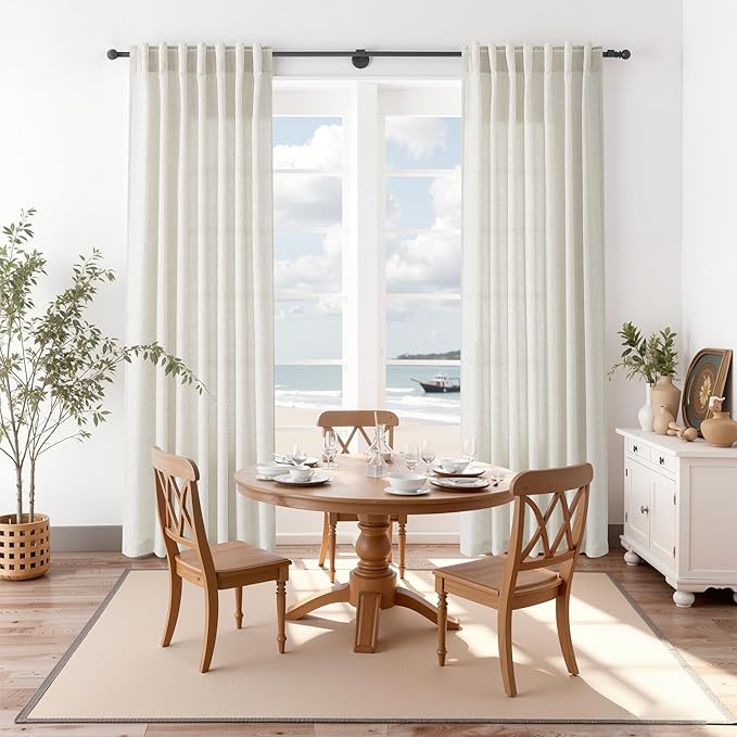 Nanspring Mousse White Curtains 90 Inches Long for Living Room Linen Light Filtering Semi Sheer Curtain Back Tab Rod Pocket Simple Modern Elegant Coastal Decor Drapes for Bedroom 52x90, 2 Panels