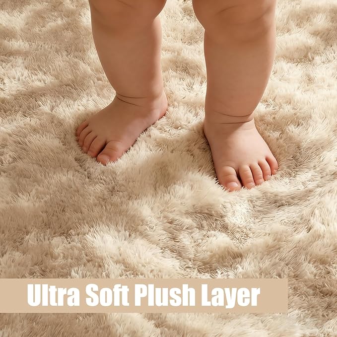 Tie-Dyed Beige Fluffy Round Rug,Soft Area Rugs for Girls Room,Shaggy Rugs 3'X3' for Living Room,Non Slip Circle Rug for Kids Bedroom,Shag Plush Nursery Carpets,Fuzzy Rug for Dorm,Room Decor Carpet