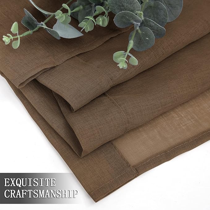 Tollpiz Sheer Tier Curtain Linen Textured Half Kitchen Curtains Sheer Light Filtering Rod Pocket Voile Small Curtains for Bathroom, 25 x 36 inches Long, Brown, Set of 2 Panels