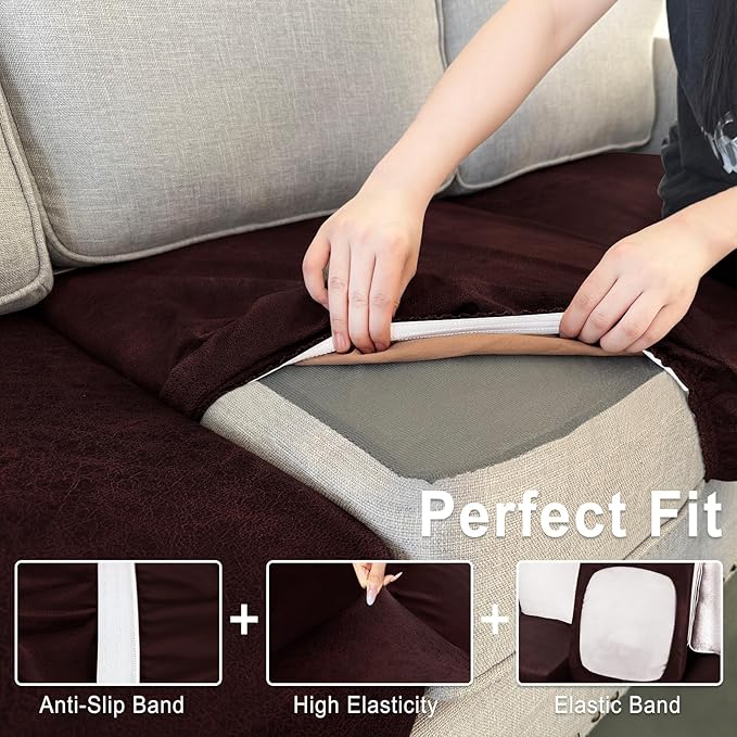 Leather Look Couch Cushion Covers Sofa Seat Slipcovers Sets Couches Furniture Protector for Sectional Armchair Loveseat Pets Kids Stretch Spandex Fabric (1 Cushion Sofa, Burgundy)