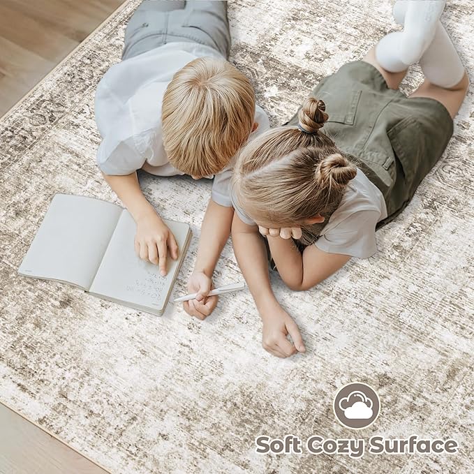 Area Rug 10x14 Washable Rug, Vintage Boho Medallion Rugs Non-Slip Soft Low Pile Large Distressed Rug Indoor Retro Carpet for Living Room Bedroom Dining Room Home Office (Taupe, 10'x14')