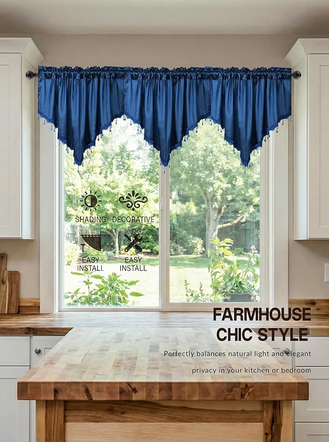Molaxhome Swag Curtain 51 inch Length Rod Pocket Scalloped Curtain Valance Sheer Lace Panels with Hanging Crystal Beads for Kitchen Bedroom Window Treatments Drape Decor 1pc (Cloth Navy, 51Wx23L)