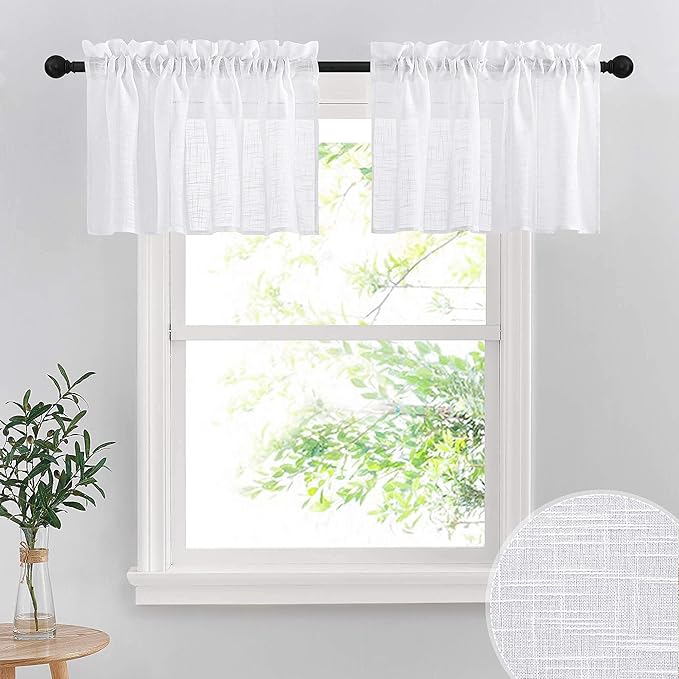 RYB HOME Linen Textured White Curtains Sheer Window Toppers Valances Semi-Sheer Drapes for Kitchen Bedroom Small Window Decor Cafe Curtains, Wide 52 x Long 18 inch per Panel, 1 Pair