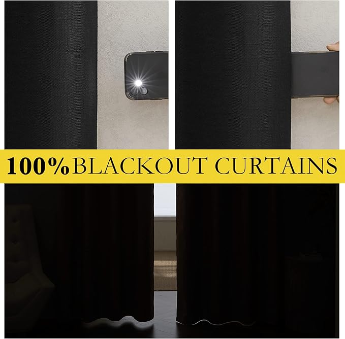 NICETOWN Vintage Open Linen Weave Flax Thermal Curtains, 100% Blackout Curtains 45" Long for Dining Room, Soundproof Window Treatment Drapes for Cafe, Black, 42" Wide Per Panel, Set of 2