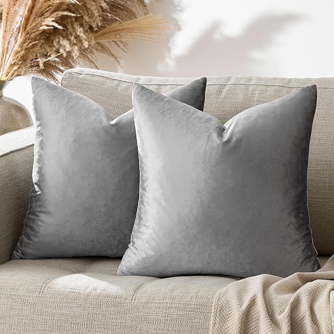 GIGIZAZA Dark Grey Pillow Covers 18x18,Velvet Square Throw Pillows Modern Covers Pack of 2 Decorative Pillows for Living Room Couch Sofa Luxury Solid Pillow Cases
