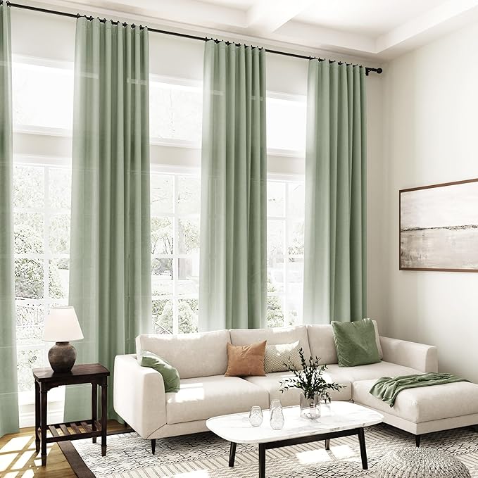 Nanspring Desert Sage Linen Curtains 108 Inches Long for Living Room Bedroom 2 Panels Set Extra Long Back Tab Curtain Light Filtering Sheer Drapes Floor to Ceiling Curtain for Large Windows 52x108