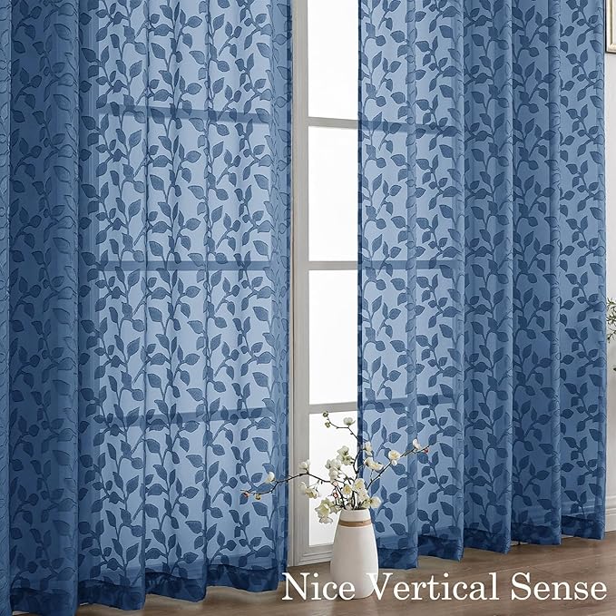 Chyhomenyc Dusty Blue Sheer Curtains 30 Inch Length, Light Filtering Leaf Tufted Textured Small Window Kitchen Curtain Over Sink, Short Half Window Curtains for Bathroom Basement, 30"Wx30"L, 2 Panels