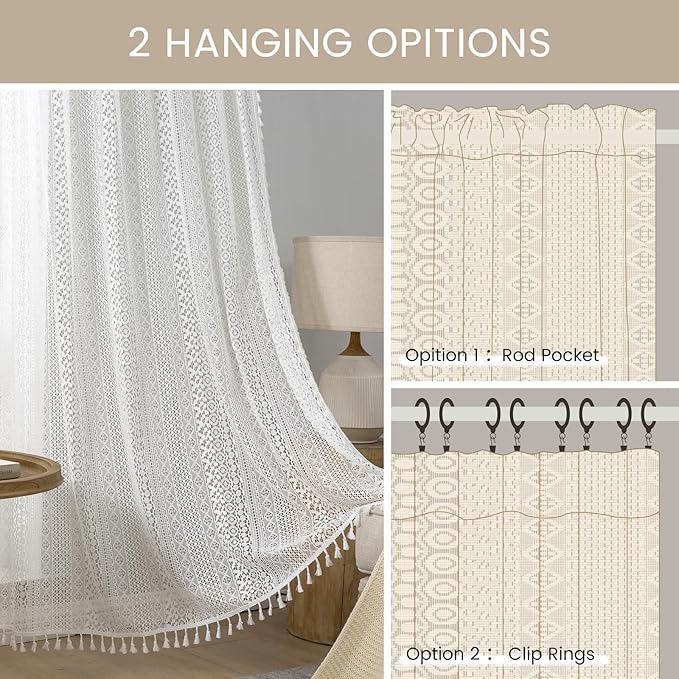 WAZZIO Boho Lace Curtains 45 Inches 2 Panel,Light Filtering Privacy Tassel & Geometry Crochet Semi Sheer Curtain Drapes for Bedroom Living Dining Room,Rod Pocket & Tassel,Victorian Decor,Off White