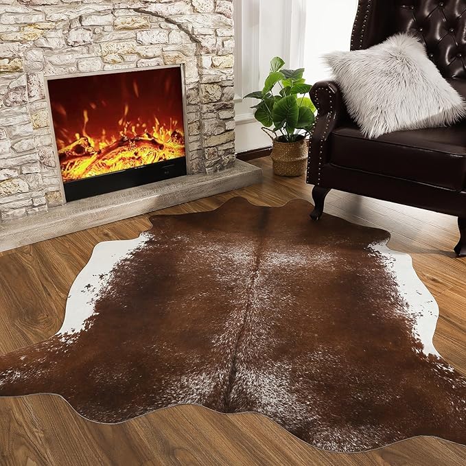 AROGAN Western Decor Faux Fur Cowhide Rug, Large Size Premium Animal Skin Cow Hide Rug, Sturdy Cow Print Rugs for Wall Decor, Western Floor Carpet for Bedroom Living Room, Brown