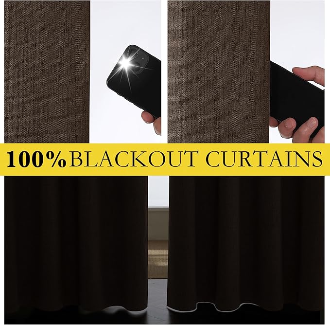 NICETOWN Coffee Vintage Linen 100% Blackout Curtains for Playroom, Thermal Insulated Curtains 72" Long, Noise Reducing Window Treatment Drapes for Laundry Room, 62" Wide Per Panel, Set of 2