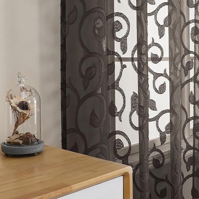OWENIE Furman Chocolate Sheer Curtains 63 inch Length for Bedroom Living Room 2 Panels Set, Light Filtering Sheer Curtain with Elegant Clip Jacquard, Rod Pocket Window Treatments, 2 Pcs = 80" Width