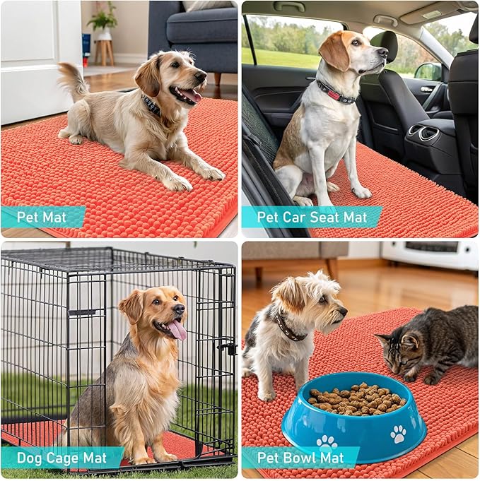 OLANLY Dog Door Mat for Muddy Paws 40x24, Absorbs Moisture and Dirt, Absorbent Non-Slip Washable Doormat, Quick Dry Chenille Mud Mat for Dogs, Entry Indoor Entryway Carpet for Inside Floor, Coral