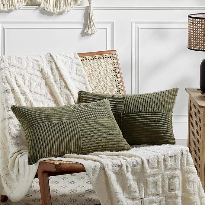 Fancy Homi 2 Packs Olive Green Lumbar Decorative Throw Pillow Covers 16x32 Inch for Living Room Couch Bed, Farmhouse Boho Home Decor, Soft Striped Corduroy Rectangle Accent Cushion Case 40x80 cm