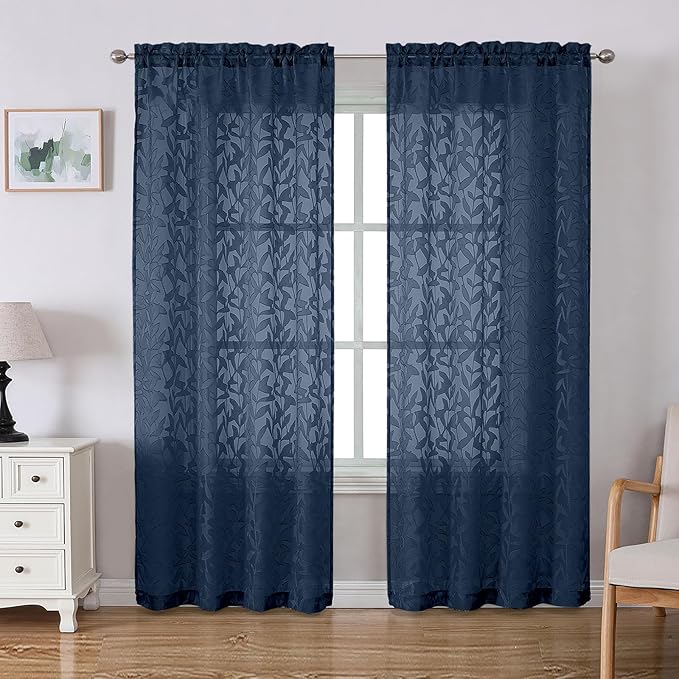Lecloud Leia Navy Blue Sheer Curtains 72 Inches Long 2 Panels, Jacquard Leaf Textured Light Filtering Bedroom Curtains, Dual Rod Pocket Drapes for Living Room Dining Room, Each Panel 42" W x 72" L
