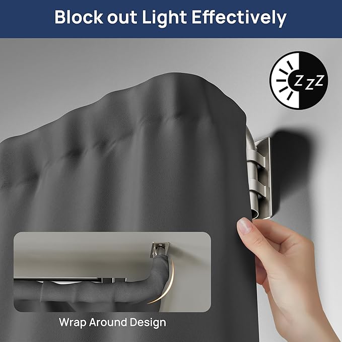 ENJOYBASICS Blackout Curtain rod for windows 48 to 84, Wrap Around Curtain Rods for Bedroom, Living Room, Adjustable from 30 to 86 Inches, Nickel