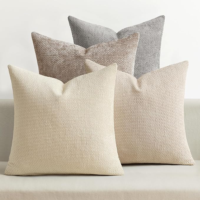 MIULEE Pack of 4 Couch Throw Pillow Covers 16x16 Inch Neutral Beige/Brown Soft Decorative Chenille Pillow Covers Farmhouse Accent Cushion Covers for Boho Spring Home Decor Sofa Bedroom Living Room