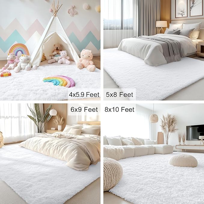OLANLY 8x12 Machine Washable Large Area Rugs for Living Room, Bedroom, Soft Fluffy Shaggy Bedside Rug, Indoor Floor Carpet for Kids Girls and Boys, Dorms, Nursery, Home Decor Aesthetic, White